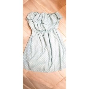Blue polka dot strapless dress
